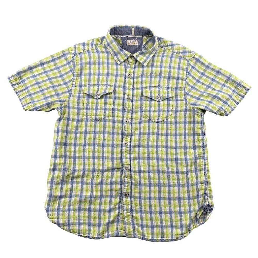 True Grit Button Down Shirt Mens XL Green Blue Front Pocket Short Sleeve